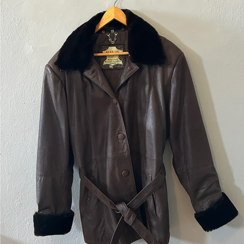 Brown Leather Jacket with removable faux fur collar/cuffs/belt
